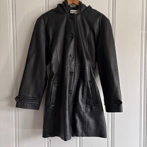 Black Leather Hooded Jacket Bagatelle Vintage 90s Belted Trench Coat Large Women